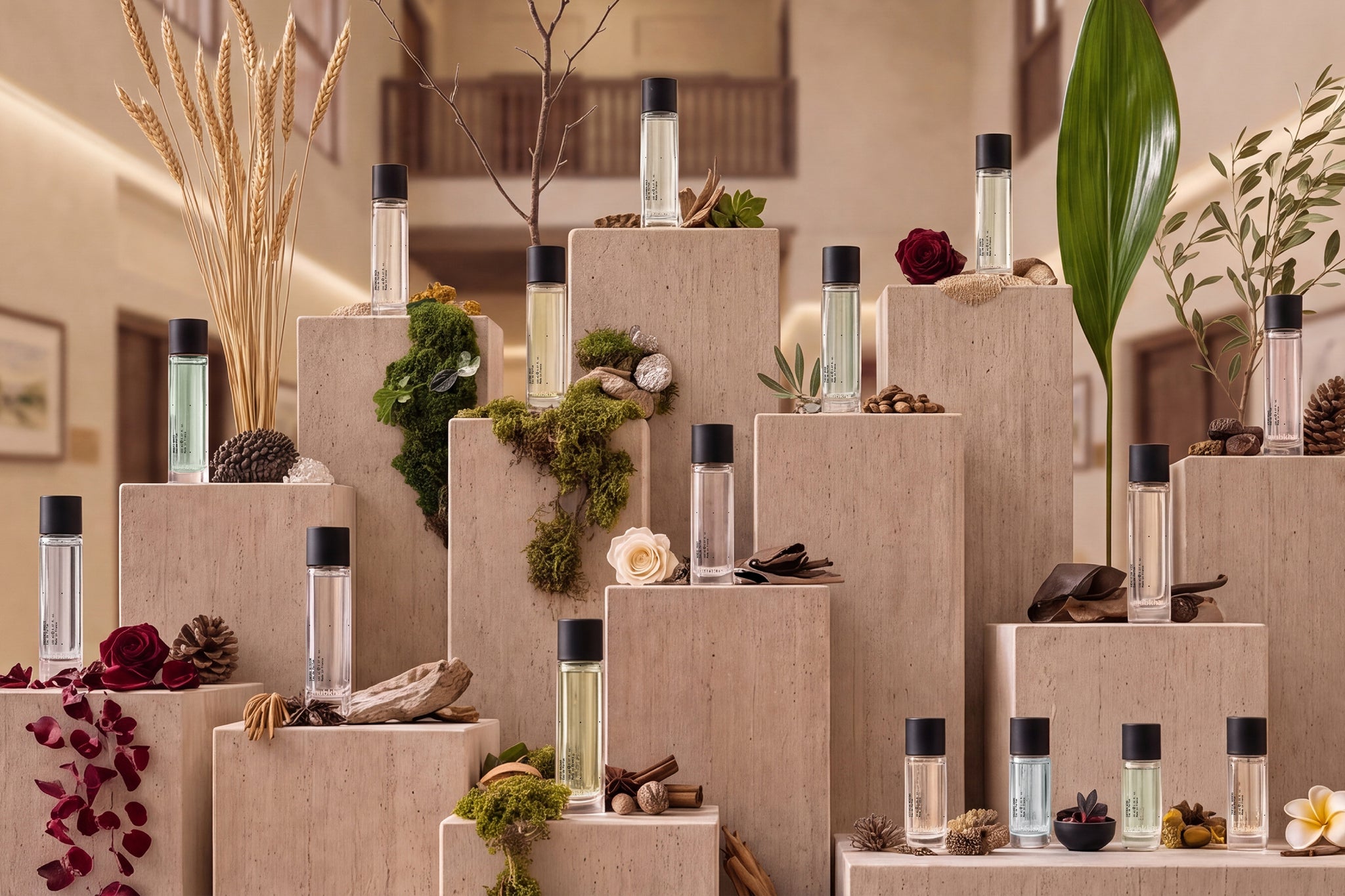 Mubkhar fragrances displayed on warm stone plinths